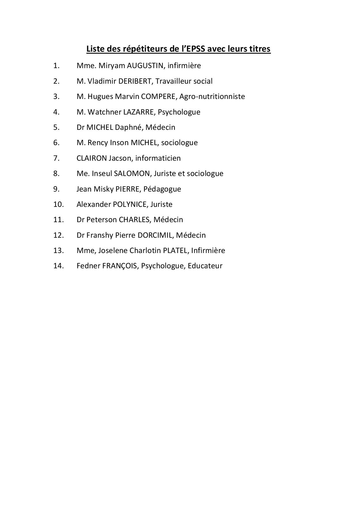 La liste des Répétiteurs de l'EPSS